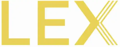 LEX logo in bold yellow letters with stylized X on a pure white background.