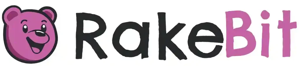 RakeBit logo with purple bear and text