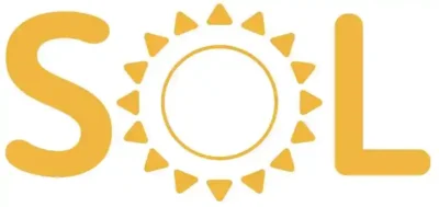 SOL logo with sun symbol on white background; letters match the sun’s orange color.