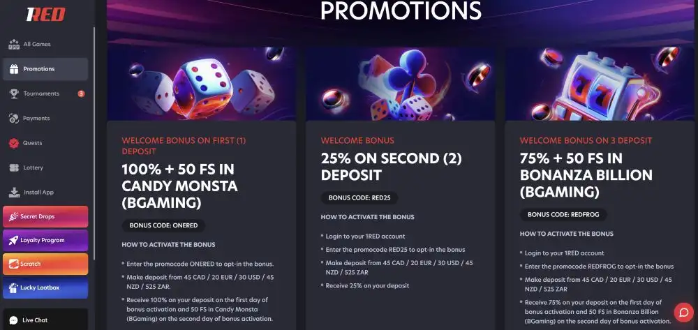 1Red Casino Active Promotions