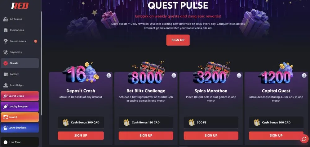 1Red Casino Canadian Interface