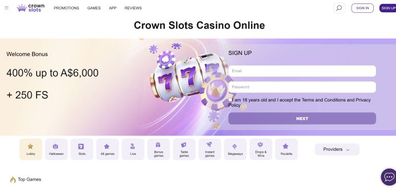 CrownSlots Casino Interface Overview