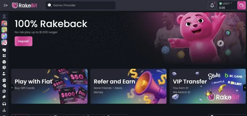 Rakebit casino interface overview