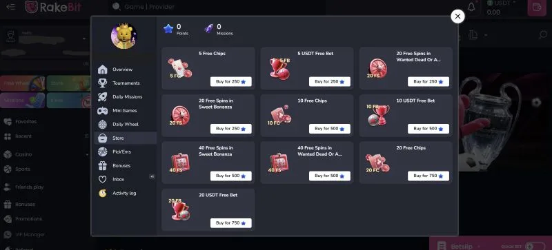 Rakebit casino reward store
