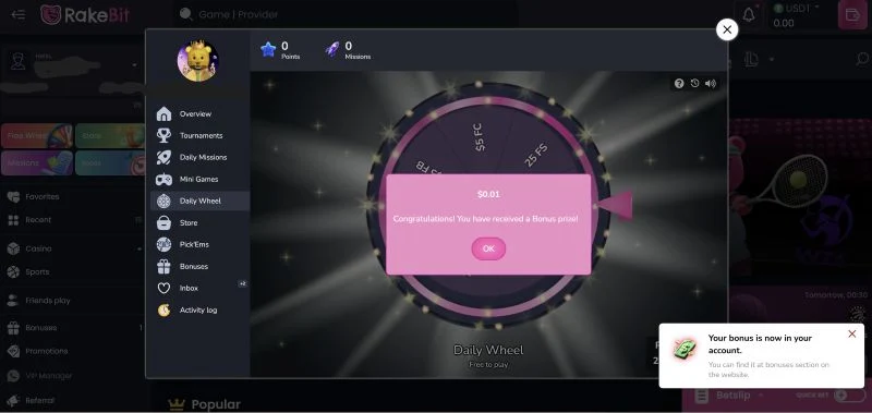 Rakebit free daily wheel feature