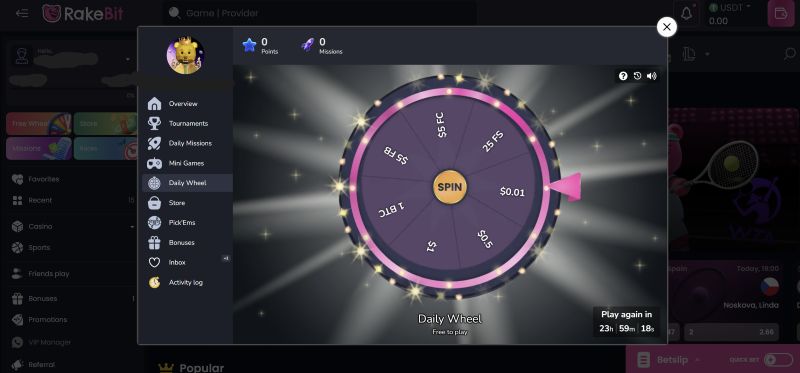 Rakebit daily bonus wheel timer