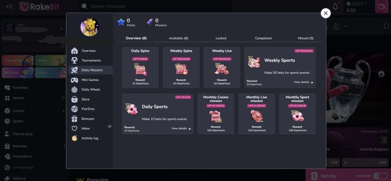 Rakebit daily missions dashboard