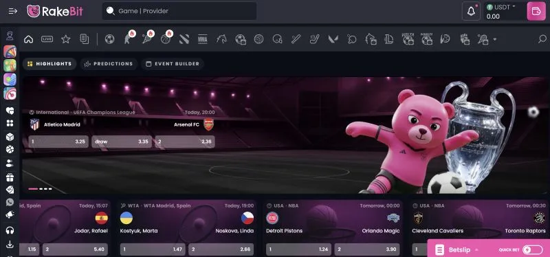 Rakebit sportsbook live odds