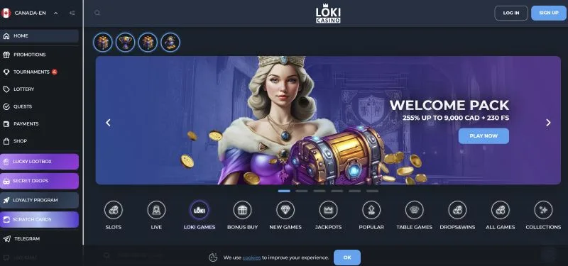 Loki Casino Canada welcome pack, CAD bonus offer, online slots, live casino and game categories.