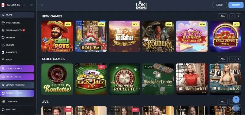 Loki Casino Canada featuring new online slots, blackjack and roulette table games, plus live dealer action.