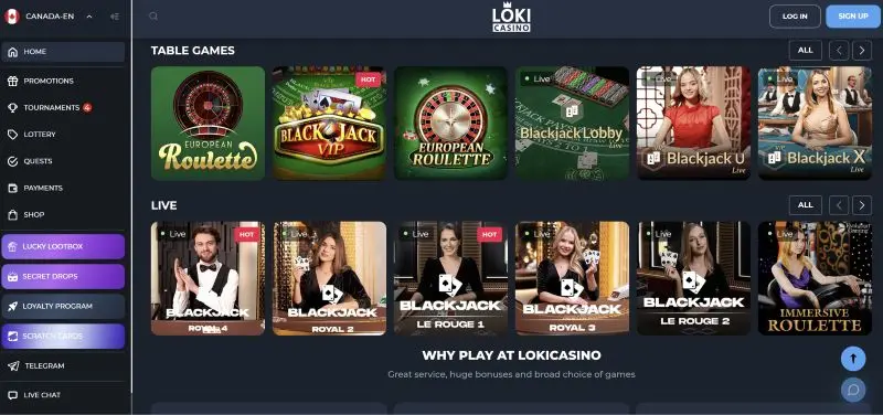 Loki Casino Canada featuring blackjack, roulette table games and live dealer casino action.