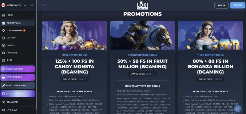 Loki Casino Canada deposit bonuses including welcome offers, free spins and CAD promo codes.