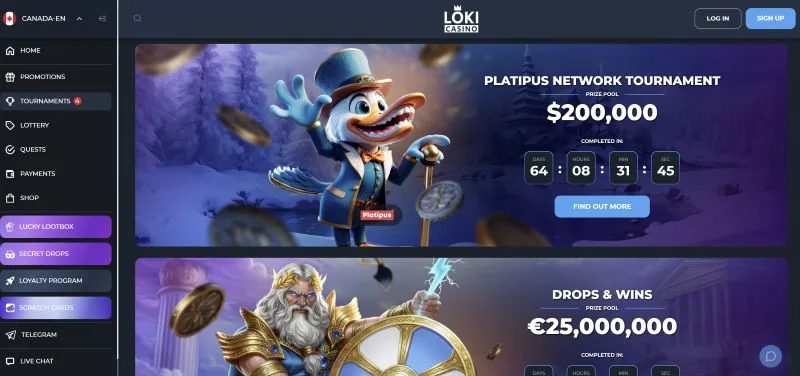 Loki Casino Canada featuring major tournaments, CAD prize pools and Drops & Wins promotions.