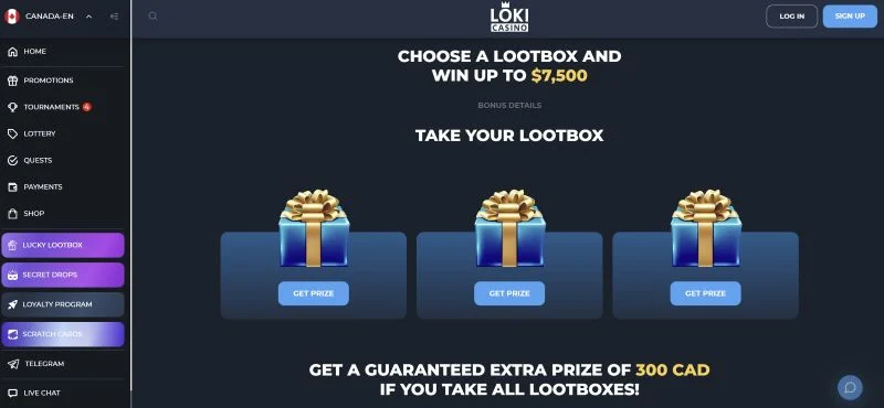 Loki Casino Canada lootbox rewards offering cash prizes, bonus boxes and guaranteed CAD extras.