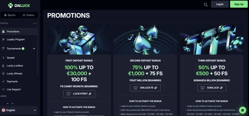 Onluck Casino Cashback and Promotions